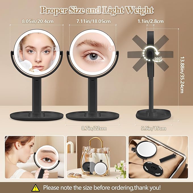 MOMOKUBA Makeup Mirror with Lights, Double Sided 1x/30x Magnifying Mirror with Light, Rechargeable 3 Color Lights and Adjustable Brightness, 360° Rotation Detachable Comes with Tweezer(Dark-30X)