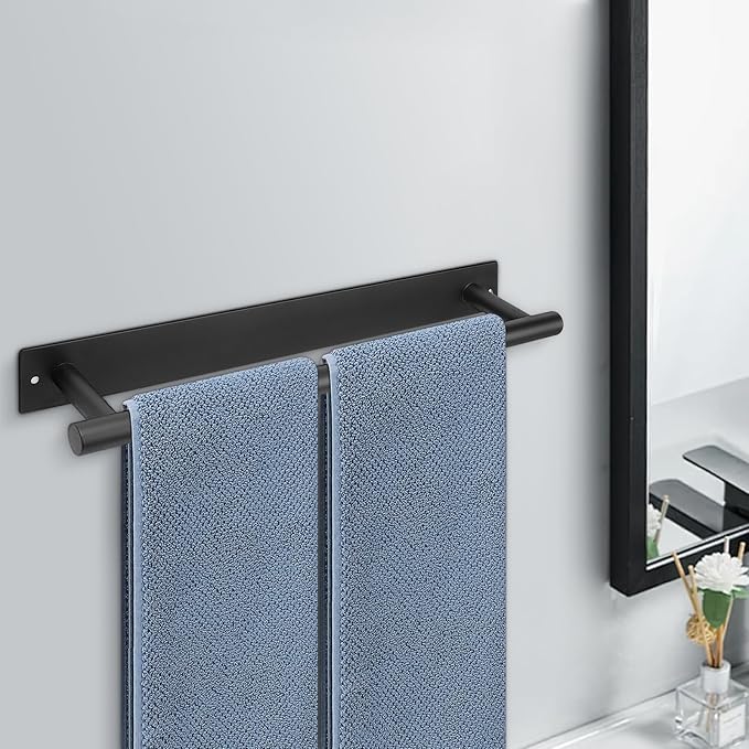 Self Adhesive Towel Bar, 16 Inch Round Towel Racks for Bathroom Wall Mounted SUS304 Stainless Steel Towel Hanger for Kitchen, No Drill or Screw-Mounted Towel Holder (Matte Black)