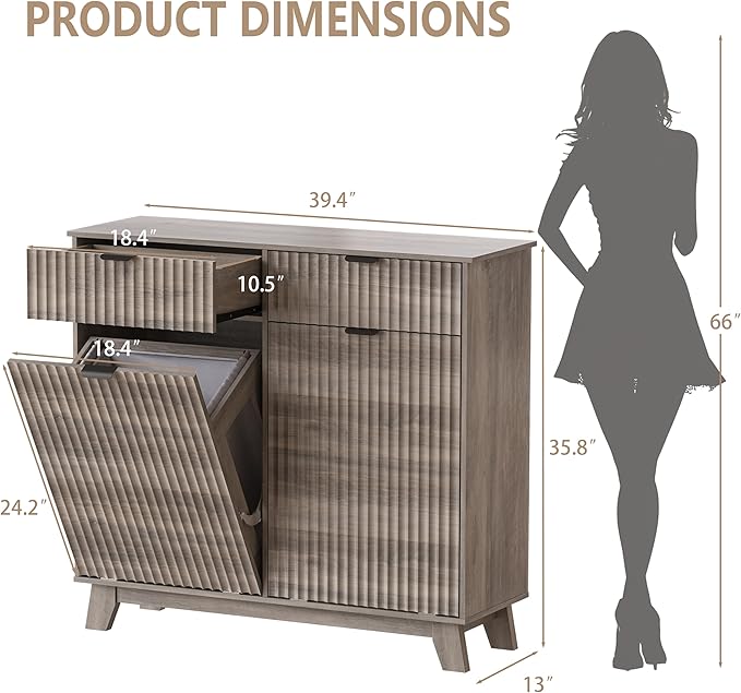 Wodeer Double Tilt Out Laundry Hamper Cabinet with 2 Drawers & Baskets, 20 Gallon Fluted Hidden Trash Can Cabinet, Farmhouse Wood Laundry Storage Cabinets for Bathroom, Kitchen, Grey