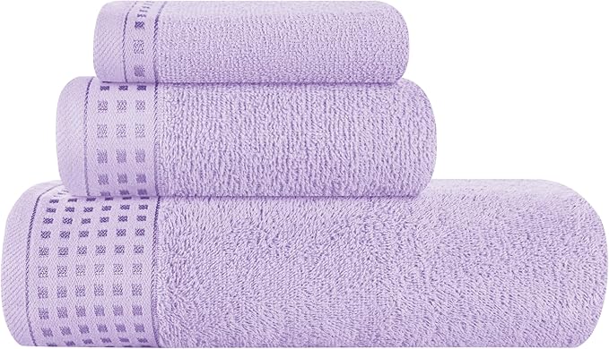 GLAMBURG Ultra Soft 3 Pack Cotton Towel Set, Contains a Bath Towel 28x55 inch, a Hand Towel 16x24 inch & a Wash Coth 12x12 inch, Ideal Everyday use, Compact & Lightweight - Purple
