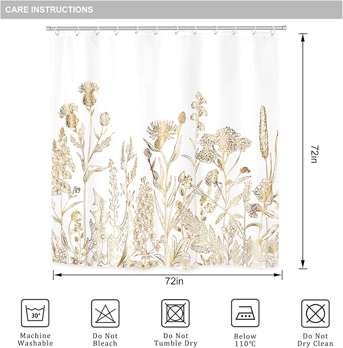Riyidecor Vintage White Gold Floral Wildflower 4Pcs Bathroom Shower Curtain Sets Rustic Leaves Bathroom Decor Set with Rugs and Accessories Botanical Toilet Lid Rug, Contour and Bath Mat with 12 Hooks