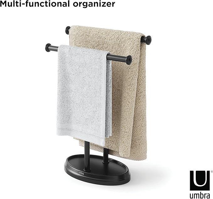 Umbra Palm Double Hand Towel Tree, Brushed Nickel 2 Towels Holder and Accessories Stand for Bathroom Vanities - Slim, Modern, Durable Bars with Base Serves as a Jewelry Tray for Rings