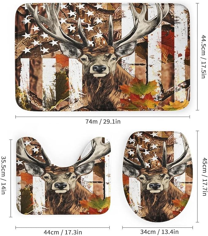 Rustic Deer Camouflage Deer Elk 4 Piece Shower Curtain Sets, Non-Slip Rugs, Toilet Lid Cover and Bath Mat, Durable and Waterproof, for Bathroom Decor Set One Size