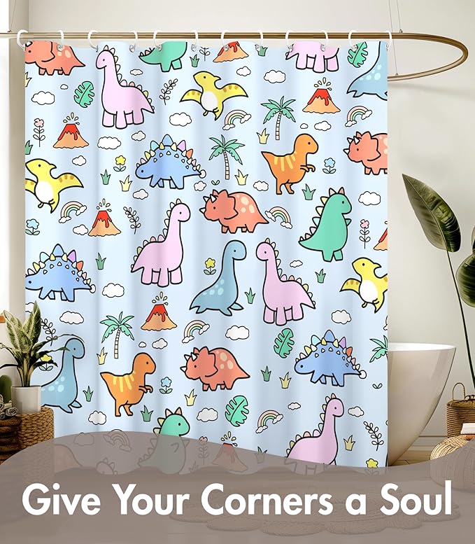MAMUSE Shower Curtain for Bathroom - Cute Aesthetic Decorative Modern Girly Unique Girls Design Pretty Women Waterproof Fabric Cloth Cortinas de Baño Bathtub 72 x 72 Inch, Little Dino