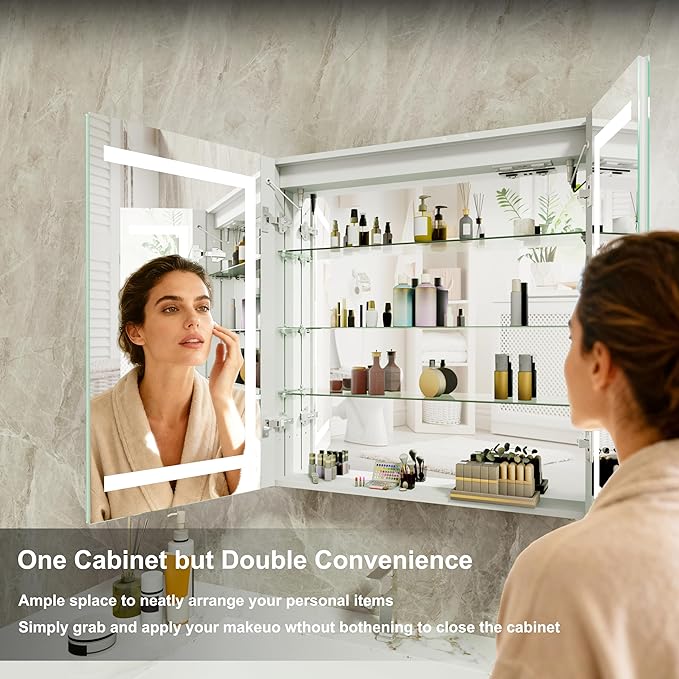 20x32 Bathroom Mirror LED Medicine Cabinet with Lighted 3 Colors, Recessed Surface Wall Mounted LED Medicine Cabinet, Anti-Fog Tempered LED Mirror with Storage, Stepless Dimming, 2 Outlets