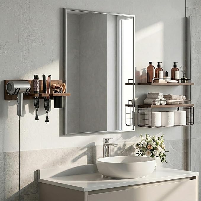 Wall Mounted Bathroom Organizer Shelves Over Toilet, 3-Tier Rustic Wooden Floating Shelf with Metal Basket and Hair Care Styling Tool Holder for Toilet Paper, Towels & Toiletries, Bathroom Decor