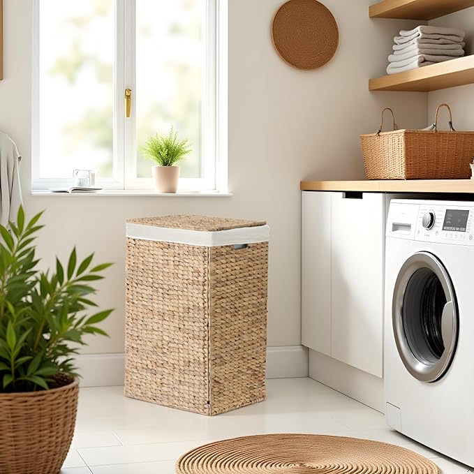 Nivora Water Hyacinth Laundry Hamper Brown 15 x 11.8 x 24 Inches - 64 Liters/18 Gallons with Removable Liner - Woven Organizer for Dirty Clothes, Bedroom Laundry, or Bathroom Towel Storage