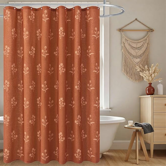 ORTIGIA Linen Shower Curtain 72 W x 84 L Farmhouse Vintage Terracotta Floral Long Shower Curtains Modern Boho Rustic Block Print Cottagecore Decor for Bathroom