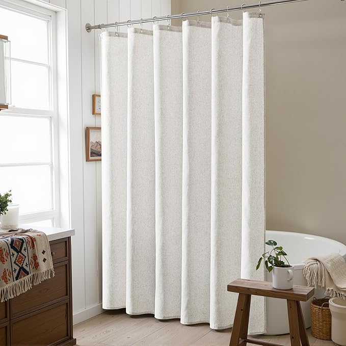 Naturoom 80 Inch Boho Linen Long Shower Curtain,Country Farmhouse Rustic Bath Decor Shower Curtains Neutral Cloth Weighted Textured Fabric Bath Curtain with Hooks,72x80