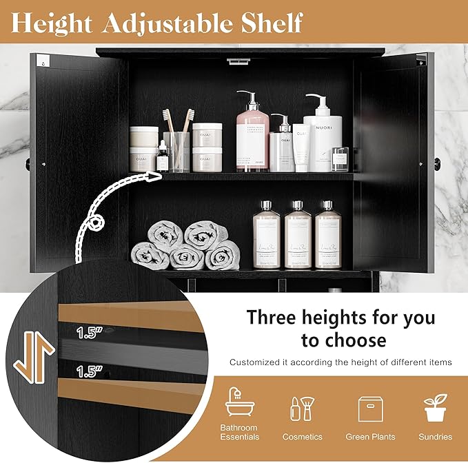 Meilocar Bathroom Wall Cabinet, Bathroom Cabinet Wall Mount with 2 Doors and 3 Open Shelves, Over The Toilet Wood Medicine Cabinets for Laundry Room, Black