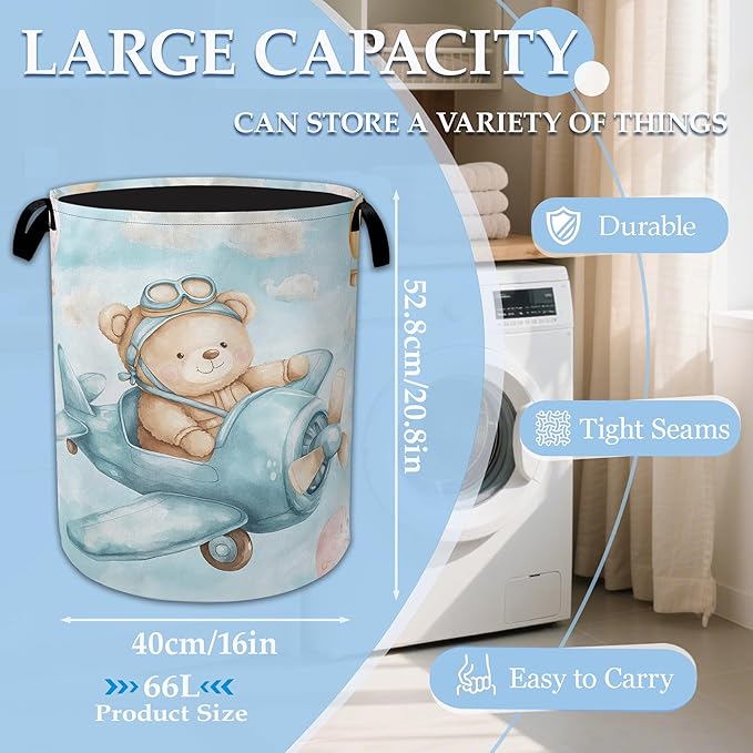 Blue Bear Pilot Laundry Hamper Balloon Collapsible Laundry Basket Portable Clothes Toy Storage Bin for Bathroom Bedroom Room Decor 16 X 20.8 Inch