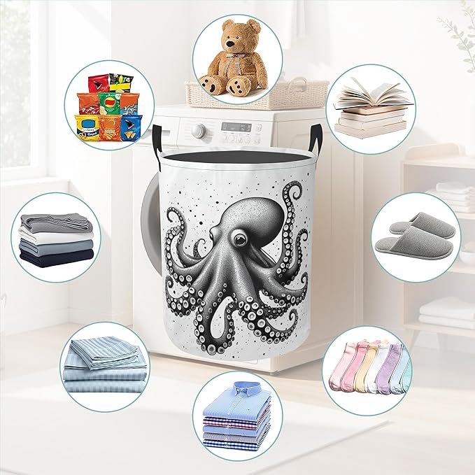 Octopus Round Laundry Hamper Storage Basket Toys Clothes Organizer Bin For Home Bathroom Bedroom Dorm Nursery