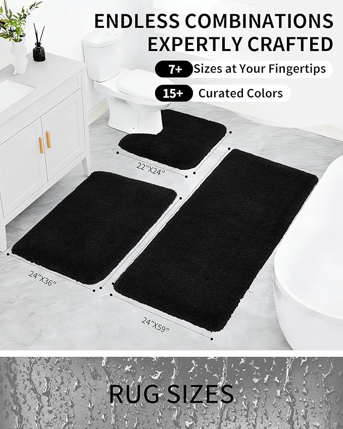 Bathroom Rugs Non Slip Washable 36x24, Ultra Thick Soft Microfiber Absorbent Bath Mats, High Density Foam Latex Non Slip Backing Bath Rugs, Fluffy Floor Carpet for Tub&Shower, Black