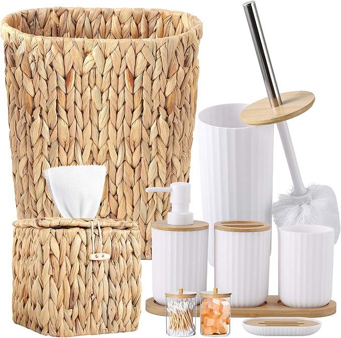 Bathroom Accessories Set,10PC Wicker Home Set with Trash Can, Tissue Box,Tray, Soap Dispenser, Soap Dish, Toothbrush Holder, Toothbrush Cup,Toilet Brush and Qtip Holders (White, Bath Set)
