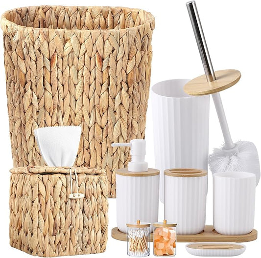 Bathroom Accessories Set,10PC Wicker Home Set with Trash Can, Tissue Box,Tray, Soap Dispenser, Soap Dish, Toothbrush Holder, Toothbrush Cup,Toilet Brush and Qtip Holders (White, Bath Set)