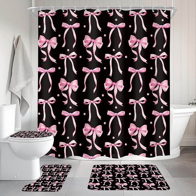 Cinbloo 4Pcs Black Pink Bow Shower Curtain Set, Retro Coquette Vintage Girly Preppy Cute Fashion Pretty Sweet Bathroom Curtain with Rug, Toilet Lid Cover, Bath Mat, Girls Shower Curtain with 12 Hooks