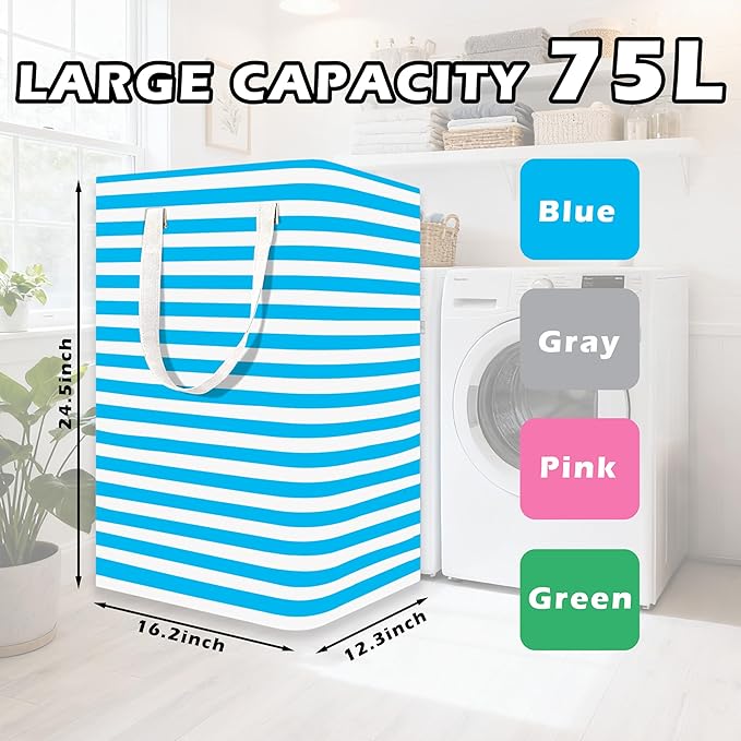 Large Laundry Basket ，75L Waterproof,Collapsible Laundry Hamper with Extended Handles for Clothes in the Family Dorm (Green，Blue，Grey，Pink)