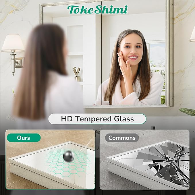 TokeShimi 40 x 26 Brushed Nickel Recessed Medicine Cabinet with Mirror, Assembly Required, Bathroom Medicine Cabinet with Mirror, Stepless Adjustable Shelves, Beveled Aluminum Frame, DTC Hinge