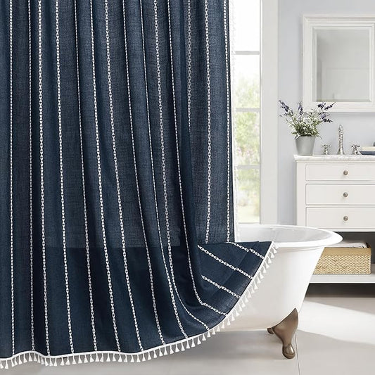 MitoVilla Boho Extra Long Shower Curtain 72 x 96, Navy Modern Farmhouse 96 inch XL Polyester Linen Texture Tassel Fabric Shower Curtain Set with Hooks for Cottagecore Country Bathroom Decor,Navy