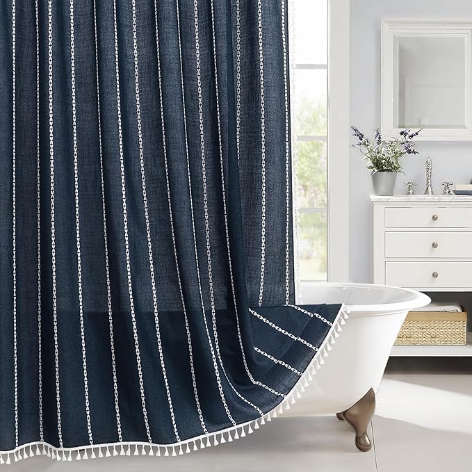 MitoVilla Boho Farmhouse Shower Curtains for Modern Farmhouse Bathroom Decor, Navy Country Thick Polyester Linen Fabric Shower Curtain, Rustic Tassel Cloth Shower Curtain, 72 x 72, Navy