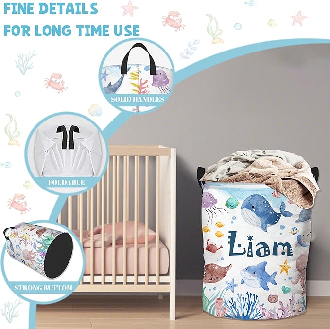 Personalized Laundry Hamper, Ocean Themed Laundry Baskets with Custom Name, Collapsible Hamper for Kids Adults Home Decoration,16.5 X 13.8in