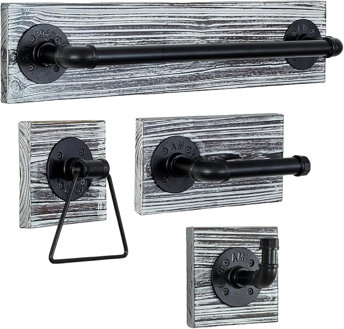 MyGift 4 Piece Wall Mounted Bathroom Hardware Set, Rustic Torched Wood and Industrial Matte Black Metal Pipe Towel Ring, Robe Hook, Toilet Paper Holder and Towel Bar