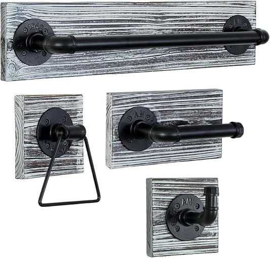 MyGift 4 Piece Wall Mounted Bathroom Hardware Set, Rustic Torched Wood and Industrial Matte Black Metal Pipe Towel Ring, Robe Hook, Toilet Paper Holder and Towel Bar
