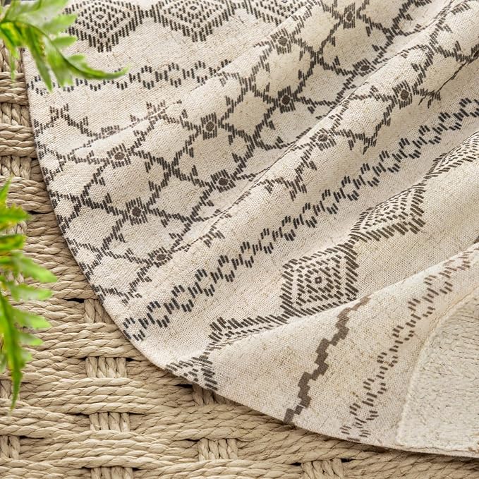 Boho Linen Shower Curtain for Bathroom,with Striped Print and Twine-Inspired Woven Center,72" W x 78" L,Beige
