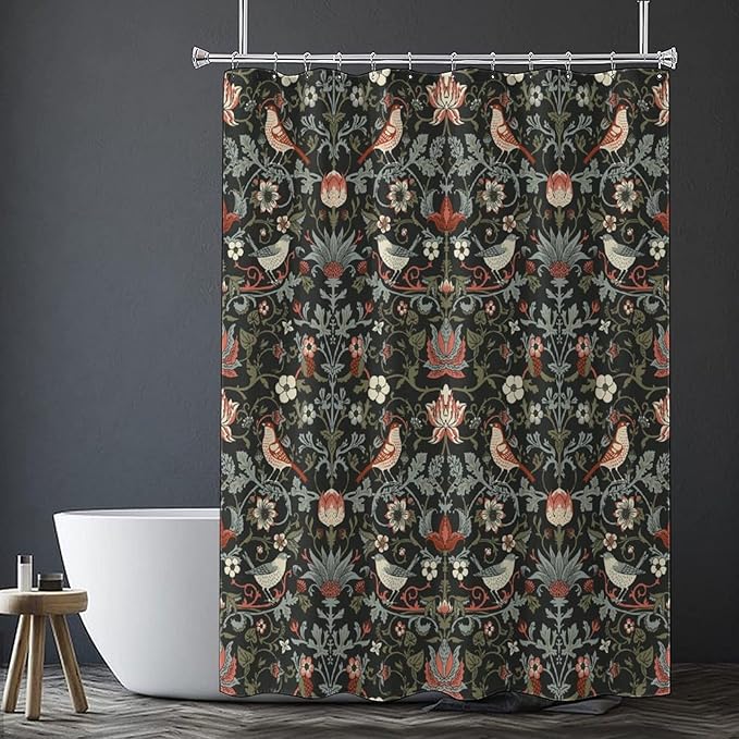 Boho Shower Curtain William Morris Art Print Retro Bird Plant Natural Flower Pattern Print Shower Curtains 66""×72"" Inch, Style-2