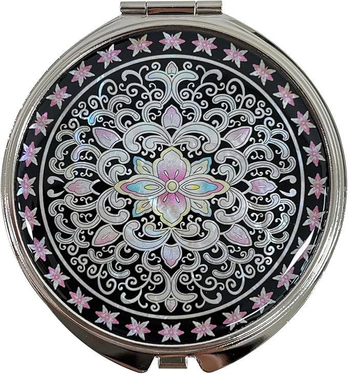 Portable Makeup Compact Double Magnifying Mirror Cosmestic Foldable Pocket Style Unique Mother of Pearl Design (Arabesque)