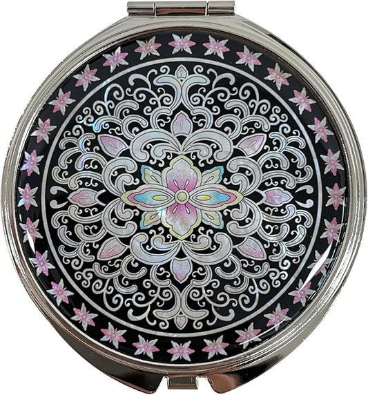 Portable Makeup Compact Double Magnifying Mirror Cosmestic Foldable Pocket Style Unique Mother of Pearl Design (Arabesque)
