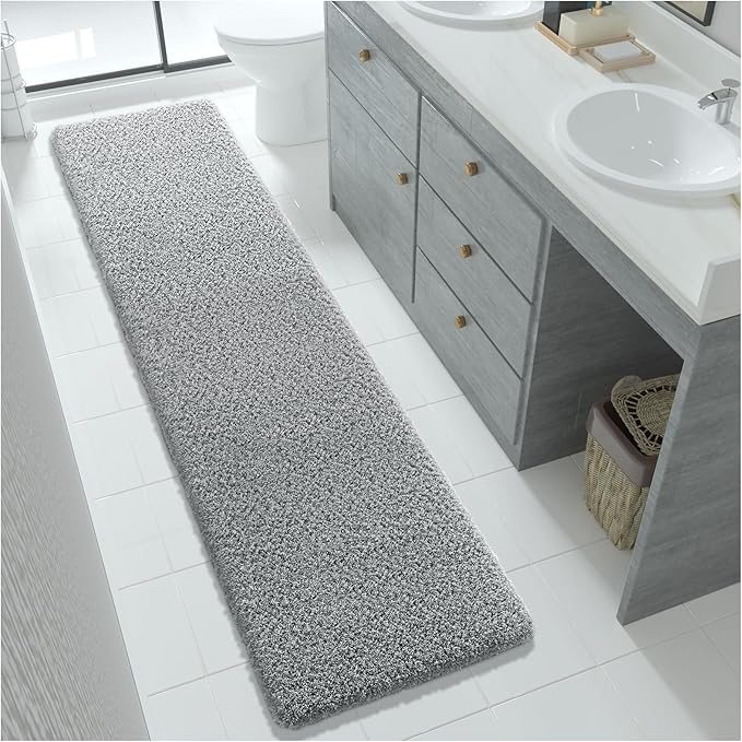 Yimobra Fluffy Plush Bath Rug, Super Shaggy Soft Comfortable Non Slip, Water Absorbent Microfiber Bath Mat, Dries Quickly, Machine Washable Thick Bathroom Rugs for Shower, 70"x 24", Pure Gray
