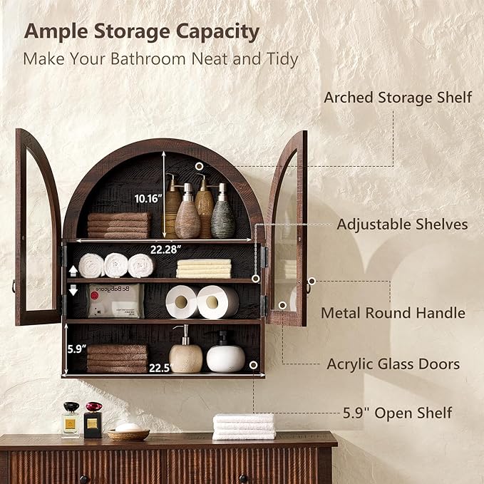 IFGET Bathroom Arched Wall Cabinet, 23.6'' Wide Medicine Cabinet with Adjustable Shelves & Glass Doors, Over The Toilet Storage Wall Mount Cabinet for Laundry Room, Kitchen & Living Room, Dark Walnut