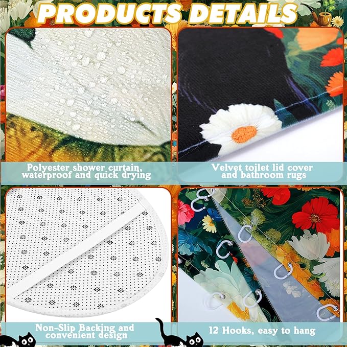 Tatuo 8 Pcs Spring Wildflower Shower Curtain Sets for Bathroom Retro Floral Bathroom Accessories Cute Black Cat Lover Gifts Shower Curtain Sets with Towels Carpet Bath Mat Toilet Rugs and 12 Hooks