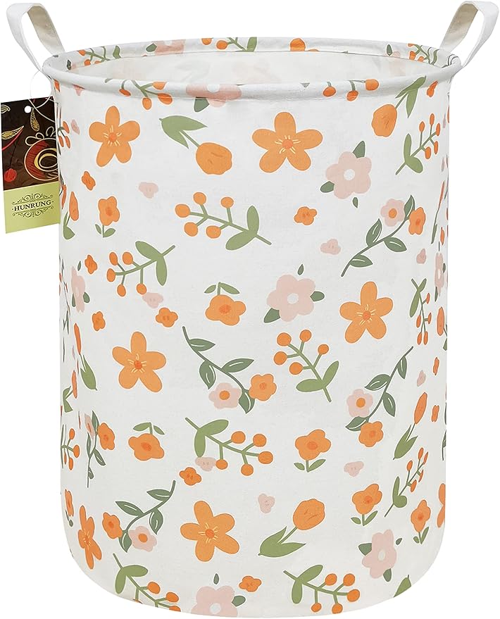 HUNRUNG Laundry Hamper,Large Canvas Fabric Lightweight Storage Basket Toy Organizer Dirty Clothes Collapsible Waterproof for College Dorms???Round-Orange Flower???