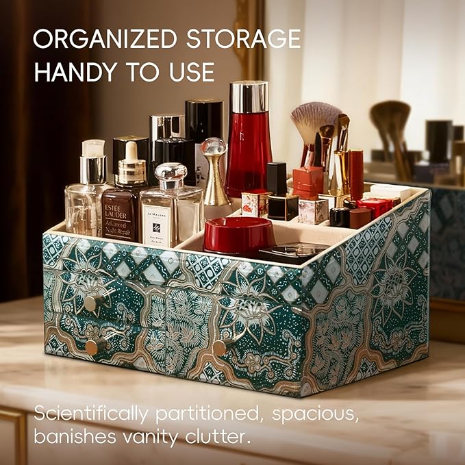 Glass Makeup Organizer for Vanity - Vanity Case with Drawers & Velvet Lining, Countertop Organizer for Lipstick, Brushes, Skincare, Perfume - Valentine's Day Gifts for Women