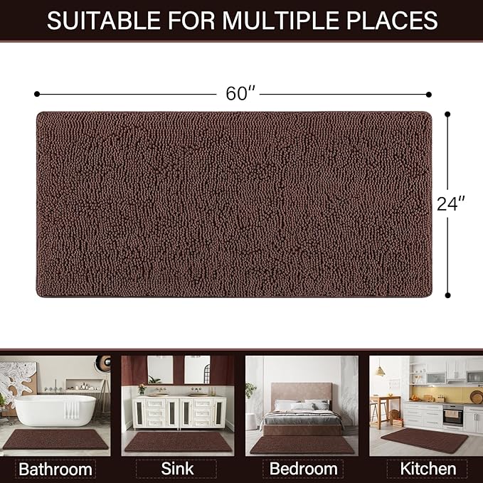 LOCHAS Luxury Bathroom Rug Shaggy Bath Mat 24 x 60 Inch, Washable Non Slip Bath Rugs for Bathroom Shower, Soft Plush Chenille Absorbent Carpets Mats, Brown