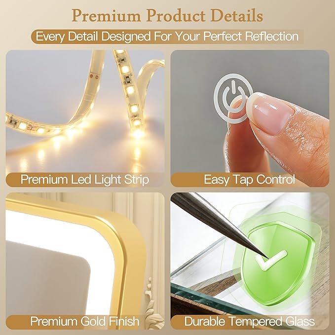 12" x14" Vanity Mirror with Light, LED Makeup Mirror with Lights, Small Gold Mirror with 360°Rotation, 3 Color Modes, Dimmable ＆ Memory Function, LED Mirror for Vanity Desk, Travel
