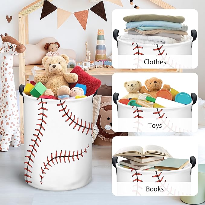 Baseball Laundry Basket, Collapsible Waterproof Oxford Cloth Laundry Hamper, Funny Round Kids Toys Storage Basket as Room Decor, Dirty Clothes Hamper for Bedroom Bathroom Dorm