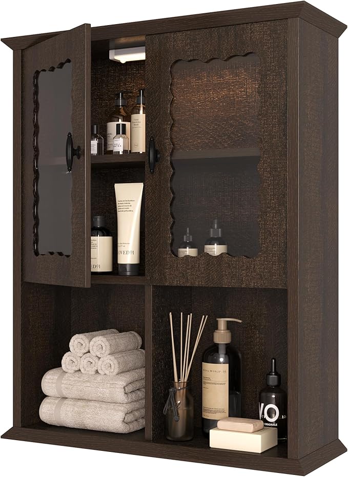 CJL Bathroom Wall Cabinet with Motion Sensor Led Light, Over The Toilet Storage Cabinet, 23.6'' x 29.5'' Medicine Cabinet of Mid-Century Modern Design with Acrylic Door, Brown