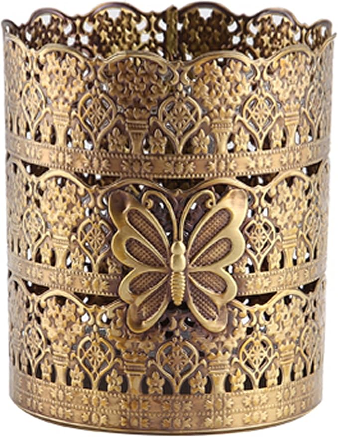 Butterfly Designed Vintage Hairbrush Holder Antique Make up Brush Holder Makeup Vanity Organizer (Brass (Matt Gold), Medium)