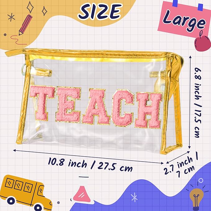 CY2SIDE TEACH Clear Makeup Bag - Pink TEACH Letter Patch Cosmetic Bag with Handle for Travel PVC Zipper Clear Toiletries Waterproof Portable Travel Organizer Teacher Appreciation Gifts, Gold