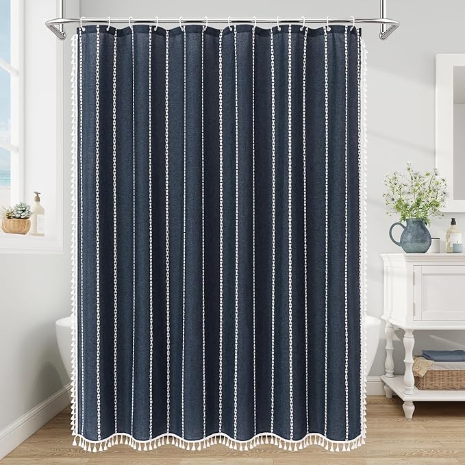 MitoVilla Boho Extra Long Shower Curtain 72 x 96, Navy Modern Farmhouse 96 inch XL Polyester Linen Texture Tassel Fabric Shower Curtain Set with Hooks for Cottagecore Country Bathroom Decor,Navy
