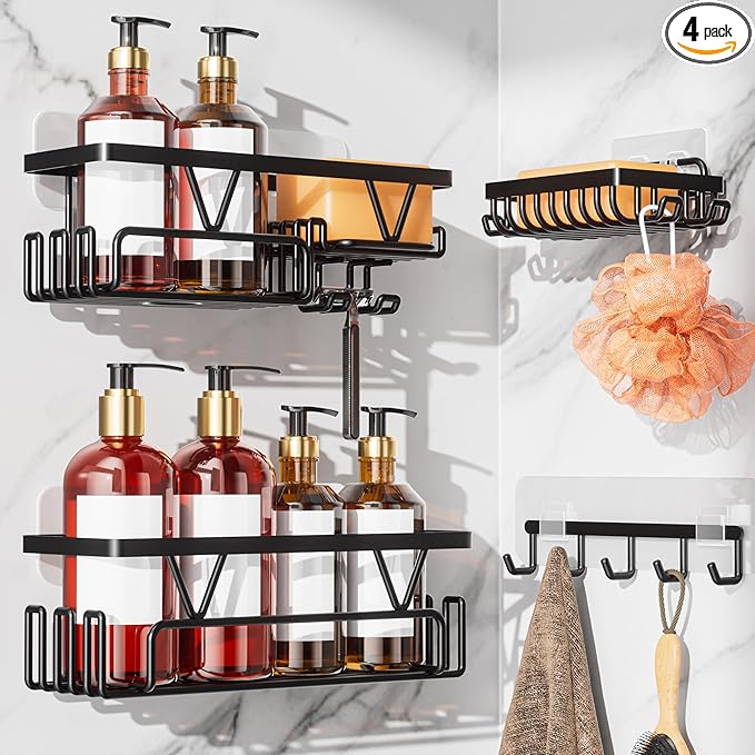 KEGII Adhesive Shower Caddy 4 Pack, No Drilling Shower Organizer with Towel Rack, Hooks & Soap Holder, Self-Adhesive Bathroom Shelves Rack for Space-Saving Storage
