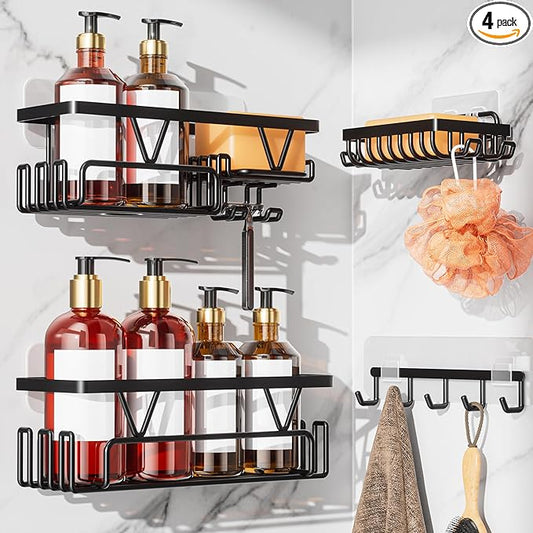KEGII Adhesive Shower Caddy 4 Pack, No Drilling Shower Organizer with Towel Rack, Hooks & Soap Holder, Self-Adhesive Bathroom Shelves Rack for Space-Saving Storage