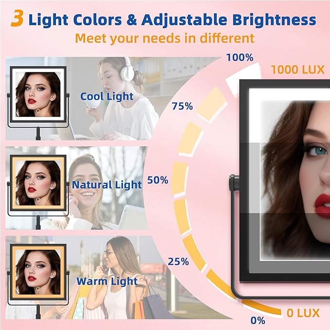 Ruacq Makeup Mirror with Lights, 4000mAh Rechargeable Magnifying Mirror with Light, 1X/10X, Height Adjustable Bathroom Vanity Mirror, 3 Colors, Adjustable Brightness (Matte Black)