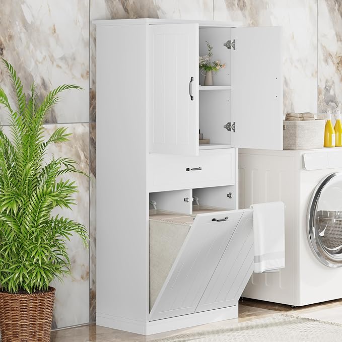 Virubi Tall Bathroom Storage Cabinet with 2 Tilt Out Laundry Hamper, Wood Bathroom Laundry Cabinet with Doors and Drawer for Home, Laundry Baskets, Adjustable Shelves, Freestanding