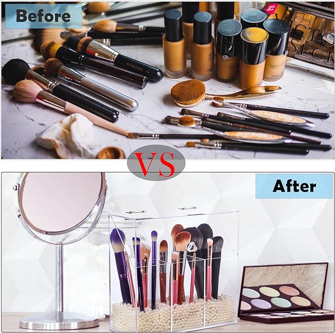 Acrylic Makeup Brush Holder with Lid - Clear Cosmetic Make up Brush Organizer and Storage Box with Dustproof Cover for Vanity - Large Capacity 3-Slots Container for Brushes (White)