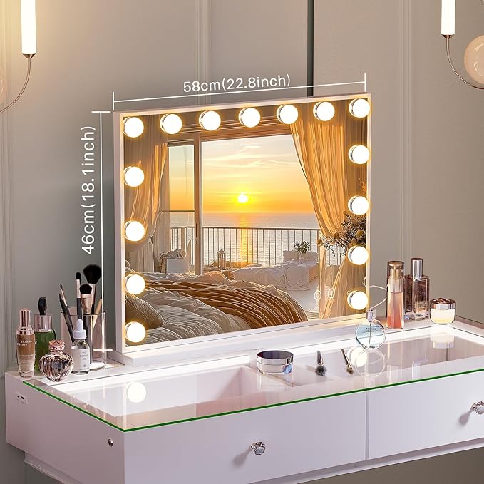 FENCHILIN Vanity Mirror with Lights and Bluetooth Speaker 22.8"x 18.1" Makeup Mirror Lighted Hollywood Mirror with 15 Dimmable LED Bulbs USB Charge Port, 3 Color Lighting Modes