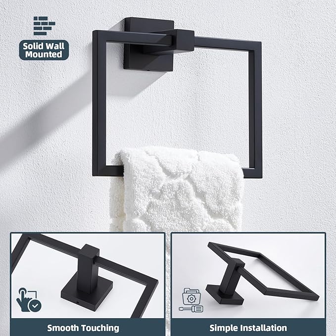 APLusee Swivel Towel Ring Matte Black, 304 Stainless Steel Square Hand Towel Holder for Bathroom Wall Mounted